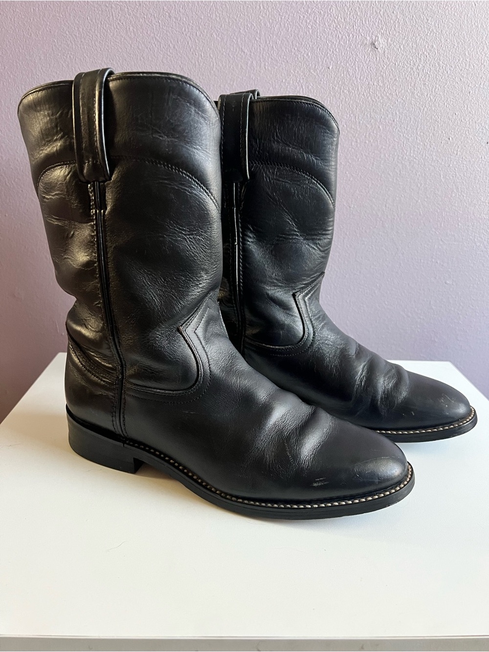 Vintage 1999 Acme Black Leather Western Roper Boots - Men's 8M / Women's 9.5